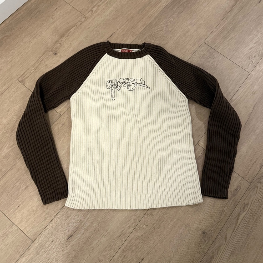 Vintage Y2K Guess Men's‎ Cream and Brown Sweater Large